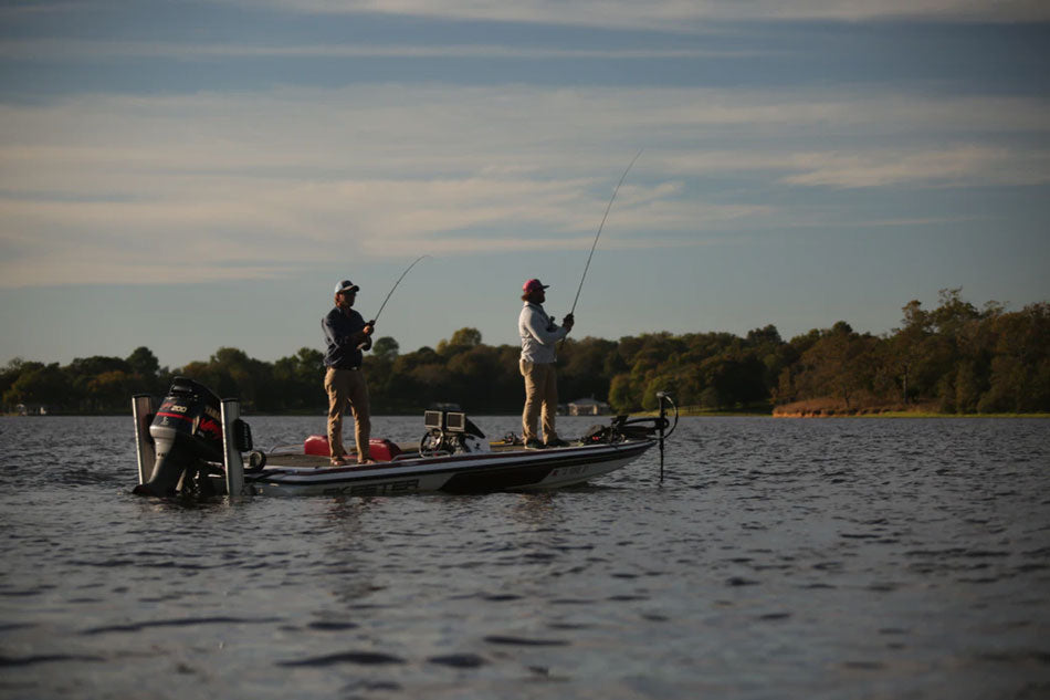 Two anglers in a boat that needs a fish finder on a RAM marine mount