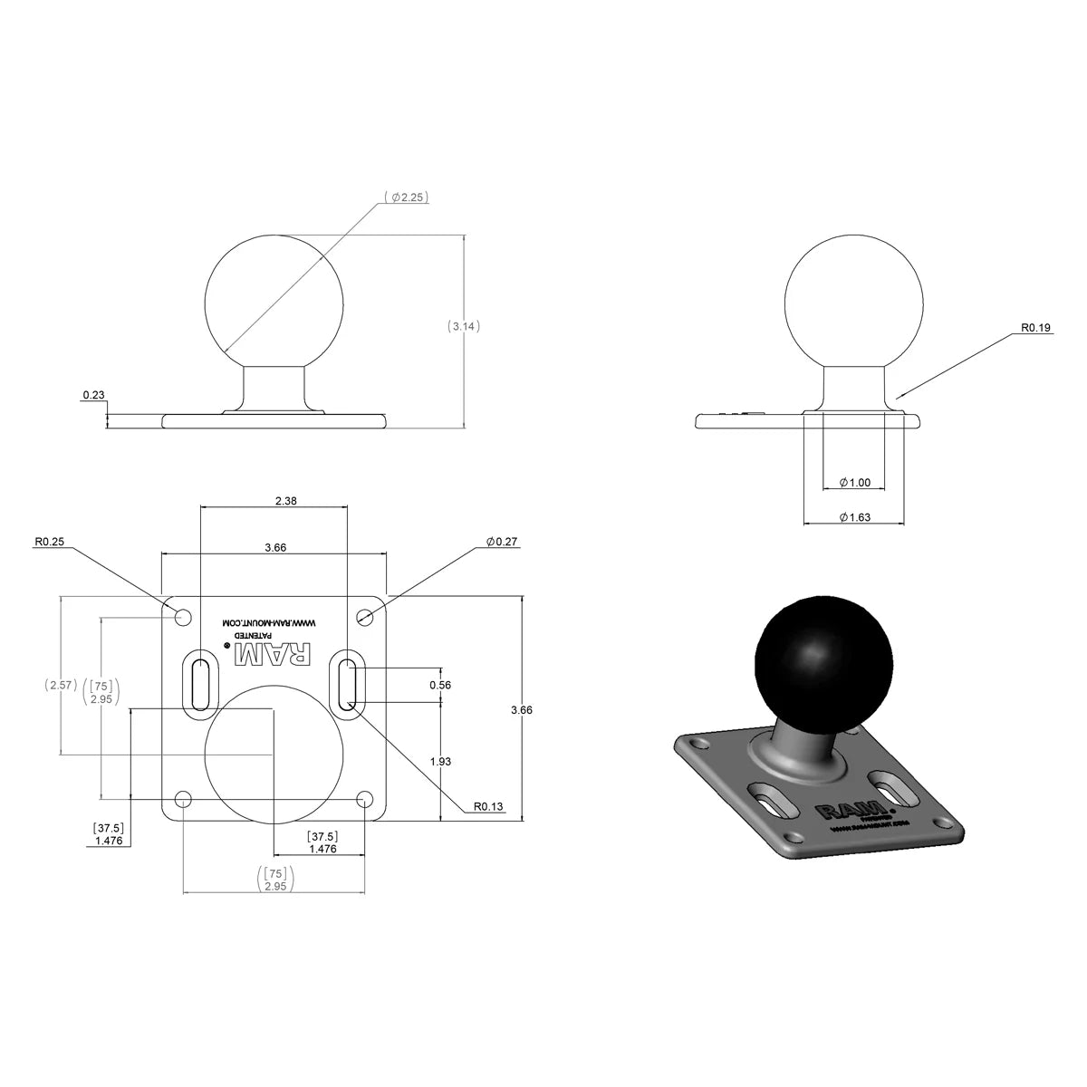 RAM® 75x75mm VESA Plate with Ball - RAM-D-2461U-IN1