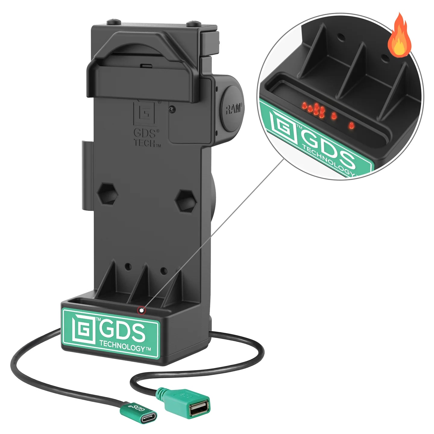 GDS® Uni-Conn™ Spring Loaded Power + Single USB-A Dock - Heated Pins - RAM-GDS-DOCK-V12-U1CPDHU