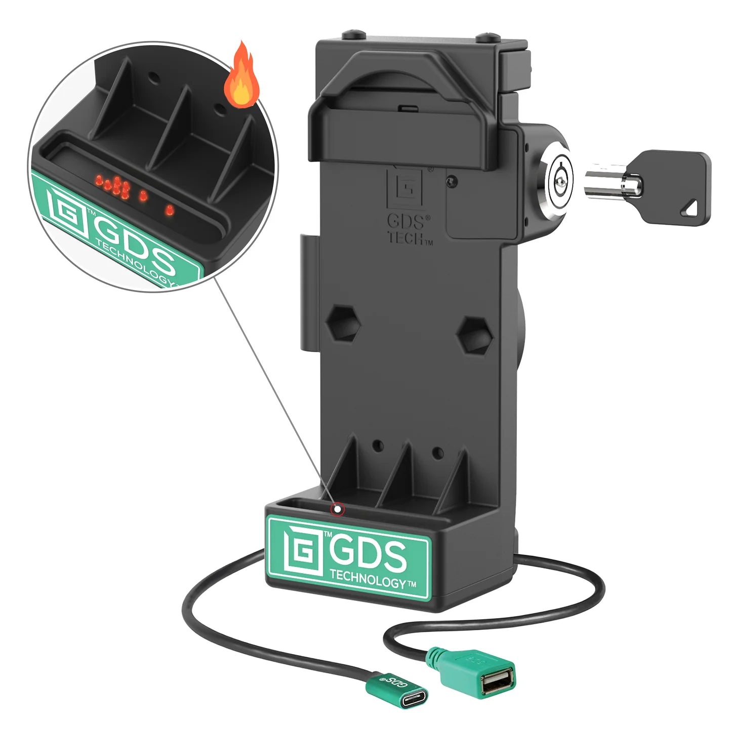 GDS® Uni-Conn™ Locking Spring Loaded Power + USB-A Dock - Heated Pins - RAM-GDS-DOCKL-V12-U1CPDHU