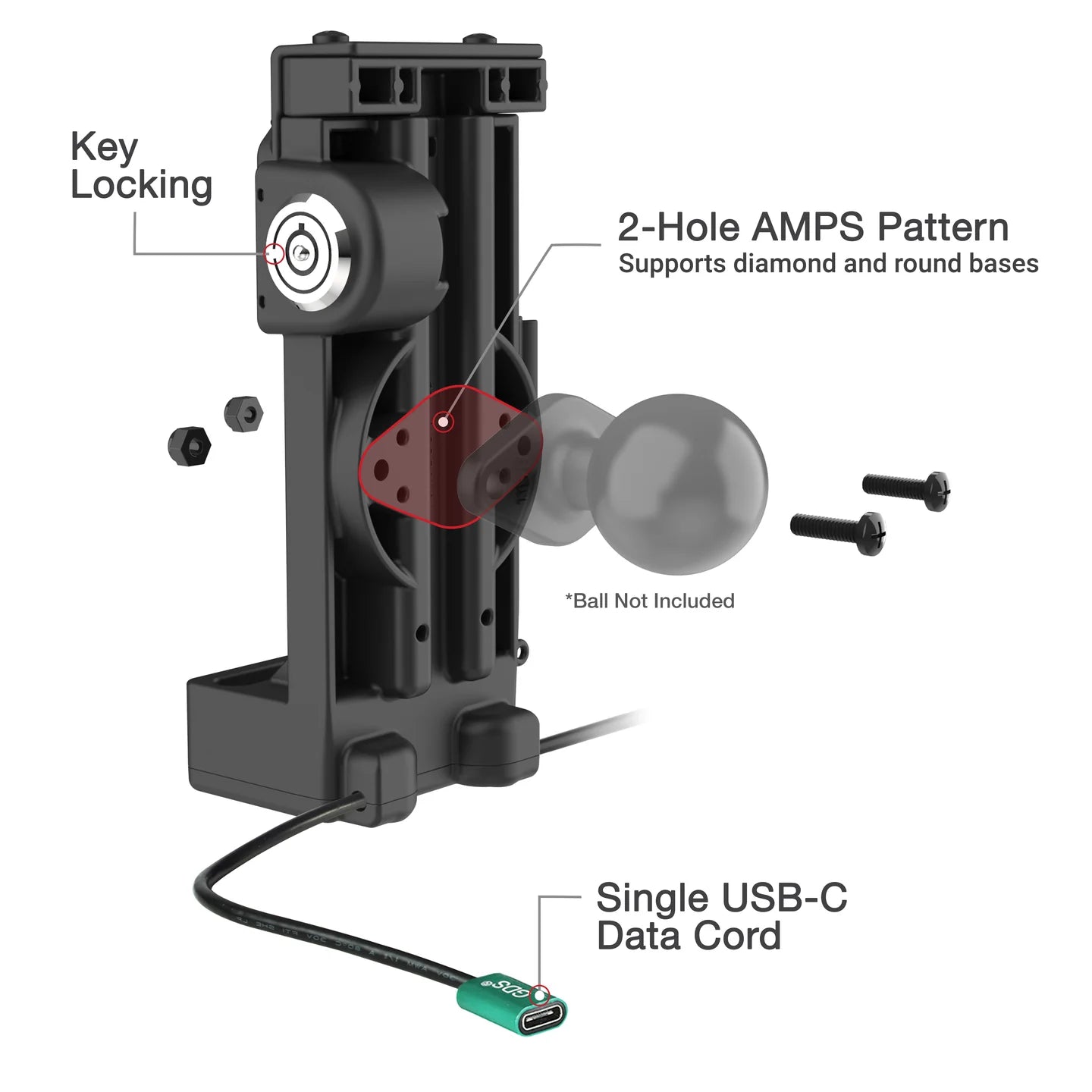 GDS® Uni-Conn™ Locking Spring Loaded Power + Single USB-C Dock - RAM-GDS-DOCKL-V12-U1CP-CU