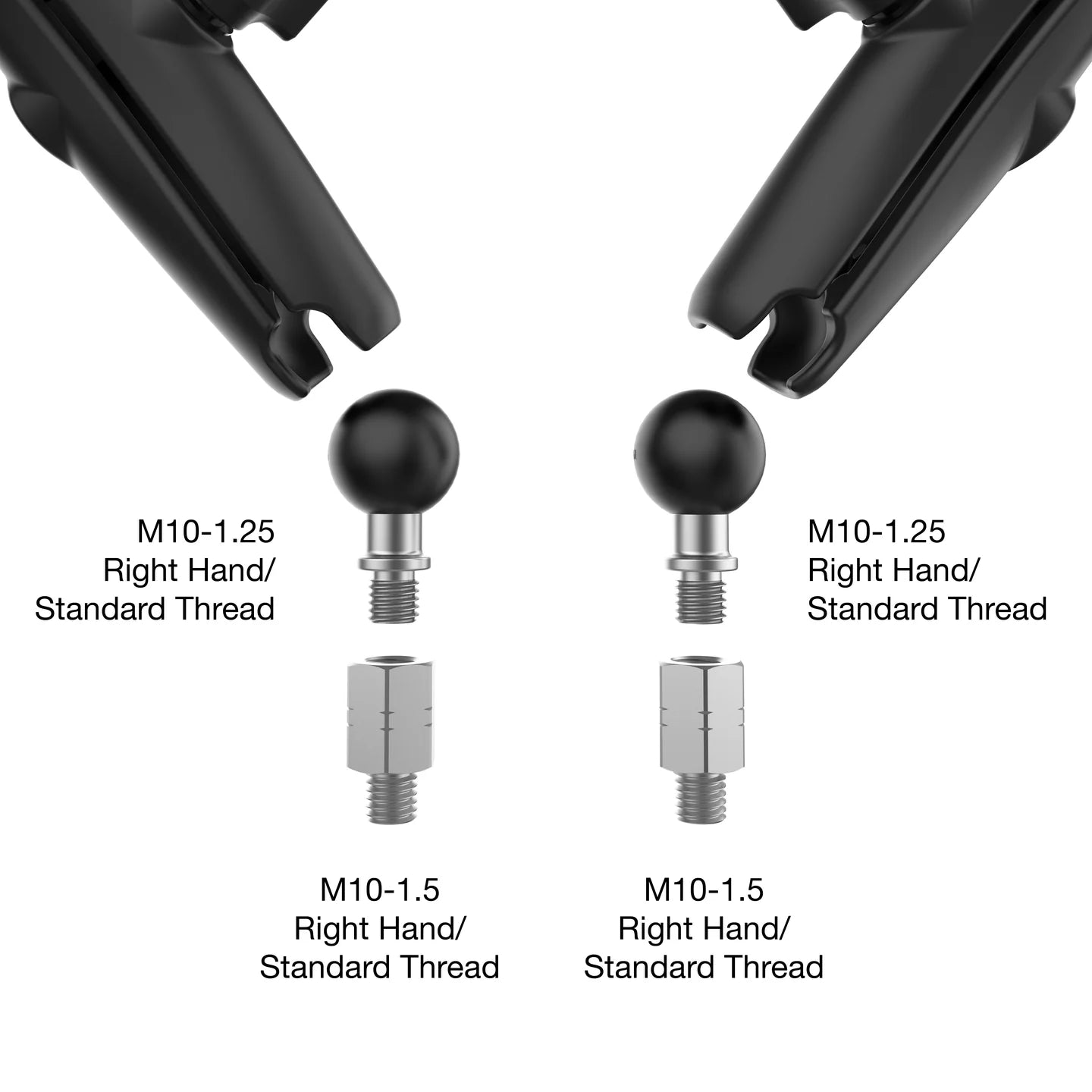 RAM® Tough-Mirror™ Kit with M10-1.25 Bases + M10-1.5 Adapters - Long Arm - RAM-B-349-M1015-C-465RL