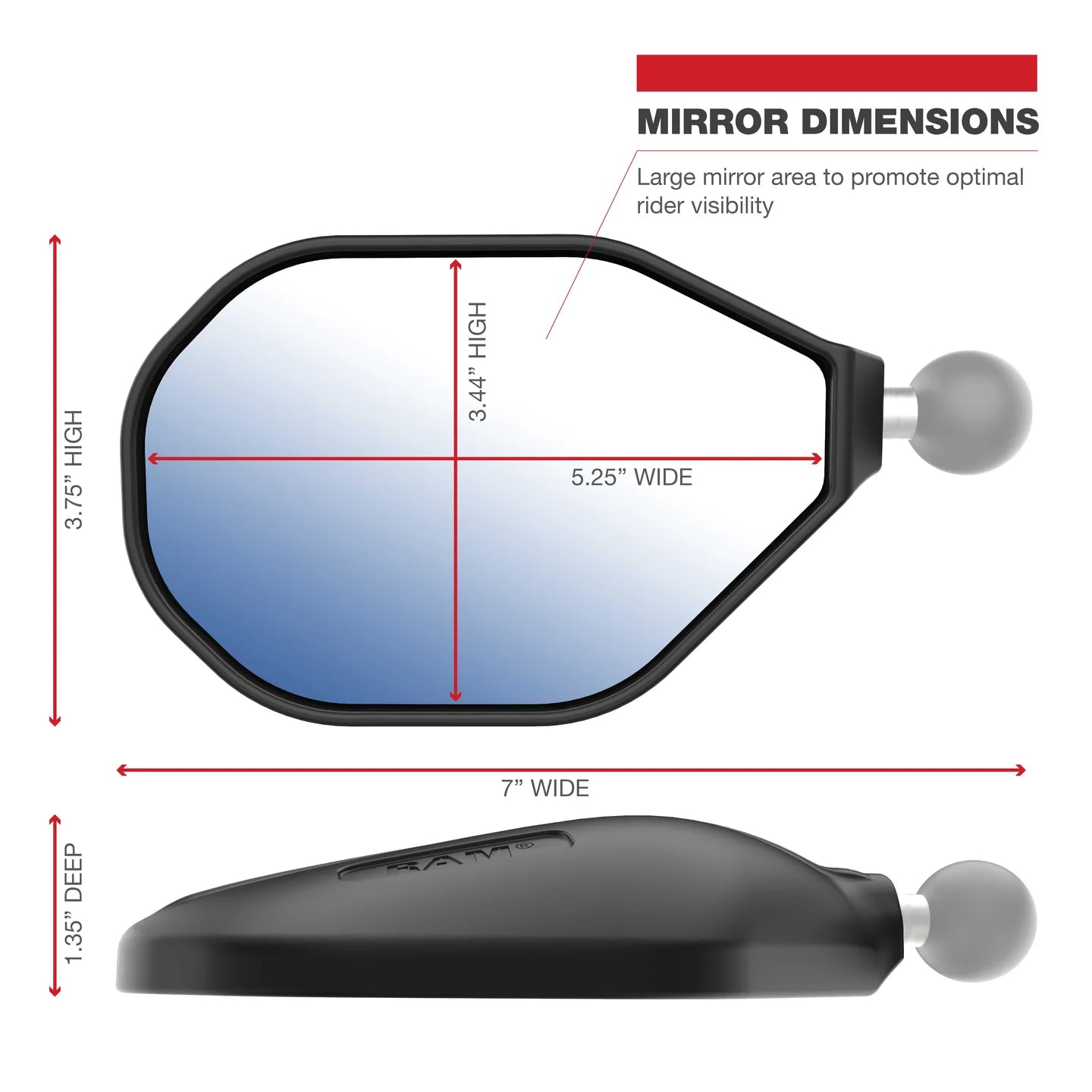RAM® Tough-Mirror™ Kit with M10-1.25 Bases + M10-1.5 Adapters - Long Arm - RAM-B-349-M1015-C-465RL
