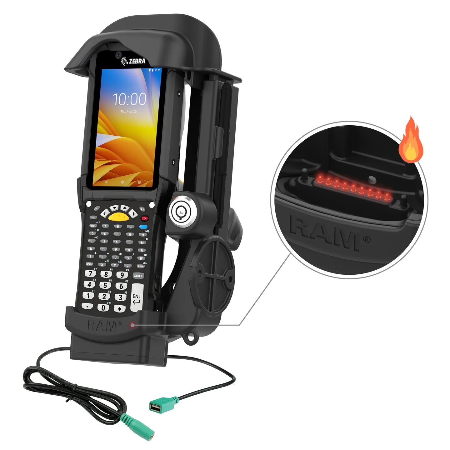 RAM® Locking Powered Dock + Single USB-A for Zebra MC9300 - Heated Pins - RAM-HOL-ZE32PDHLU