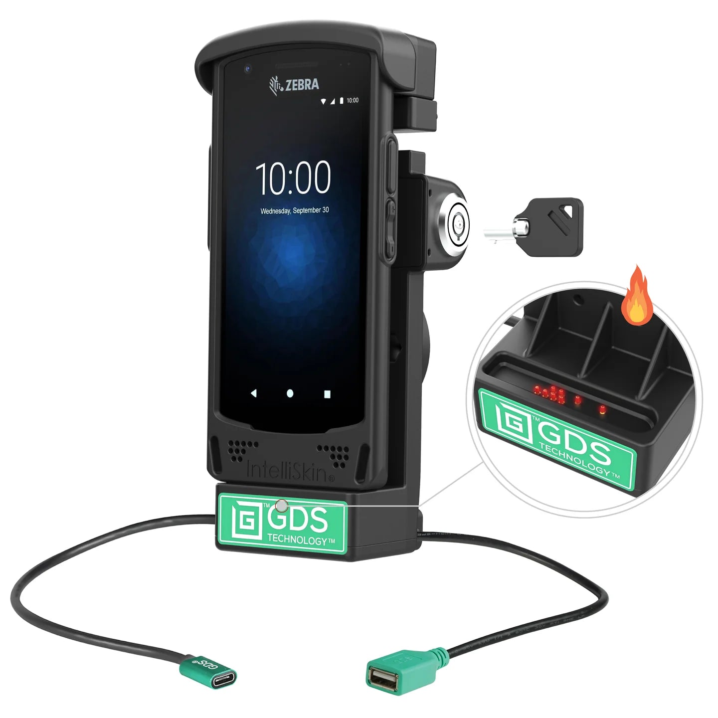 GDS® Locking Powered Dock + USB-A for Zebra EC50/55 - Heated Pins - RAM-GDS-DOCKL-V12-ZE16CPDHU