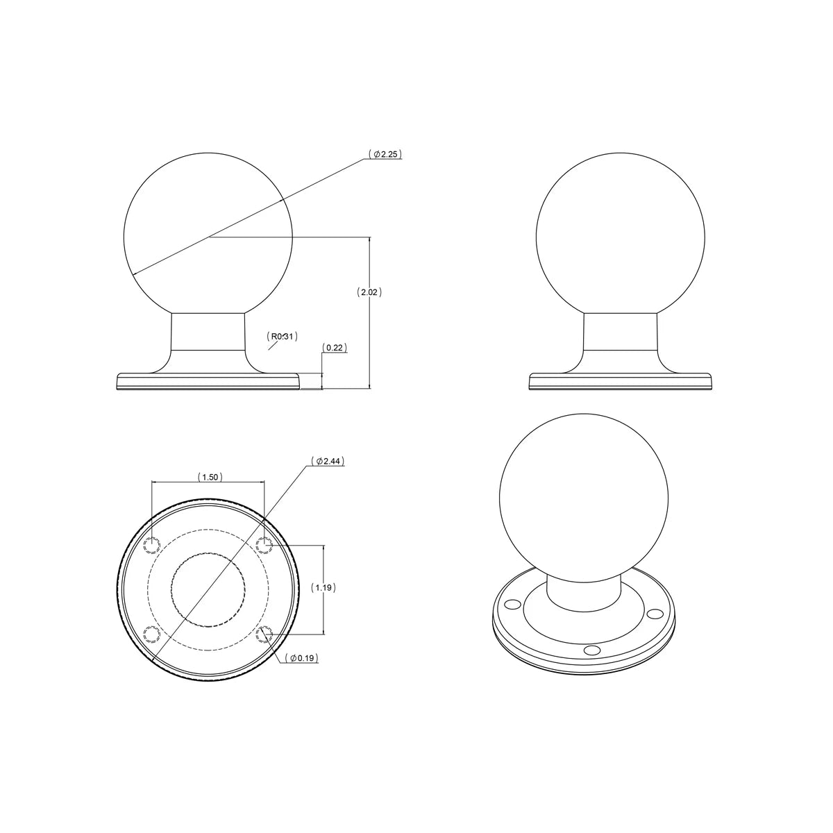 RAM D Size 2.25" Ball on Round Plate with AMPS Hole Pattern - RAM-D-254U