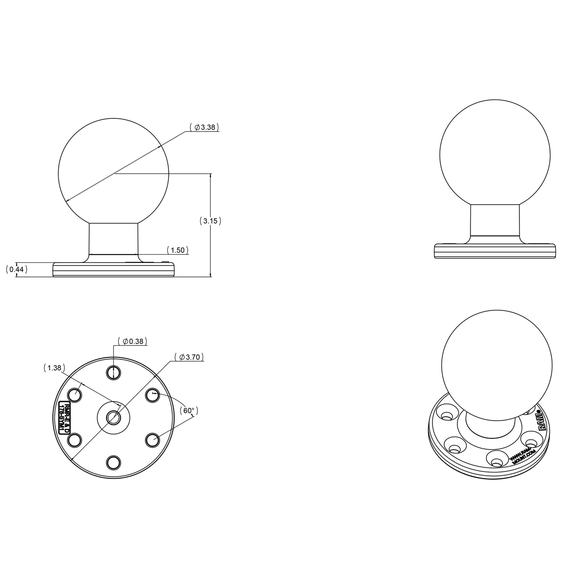 RAM® Large Round Plate with 6-Hole Pattern and Ball - E Size - RAM-E-202U-SYM1