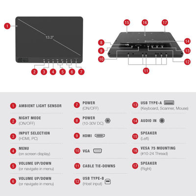GDS® View™ 13.3" Touch Screen Monitor - GDS® View™ 13.3" Touch Screen Monitor - RAM-GDS-MON-13-1 - OC Mounts