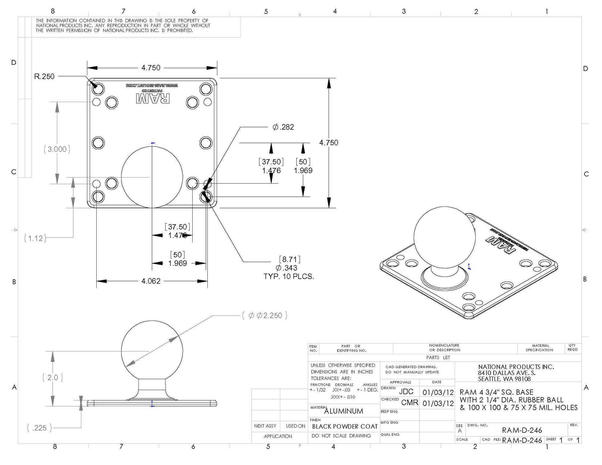 RAM 4.75" Square VESA Plate with D Size 2.25" Ball - RAM-D-246U - OC Mounts