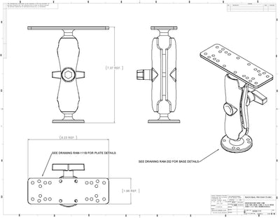 RAM 1.5" Ball Mount with 6.25" X 2" Rectangle Base, Medium LENGTH Double Socket Arm & 2.5" Round Base AMPs Hole Pattern - RAM-111U - OC Mounts