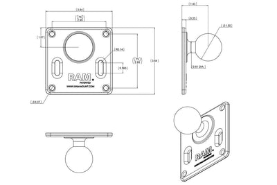 RAM 75mm X 75mm VESA 3.625" Plate with 1.5" Ball - RAM-2461U - OC Mounts