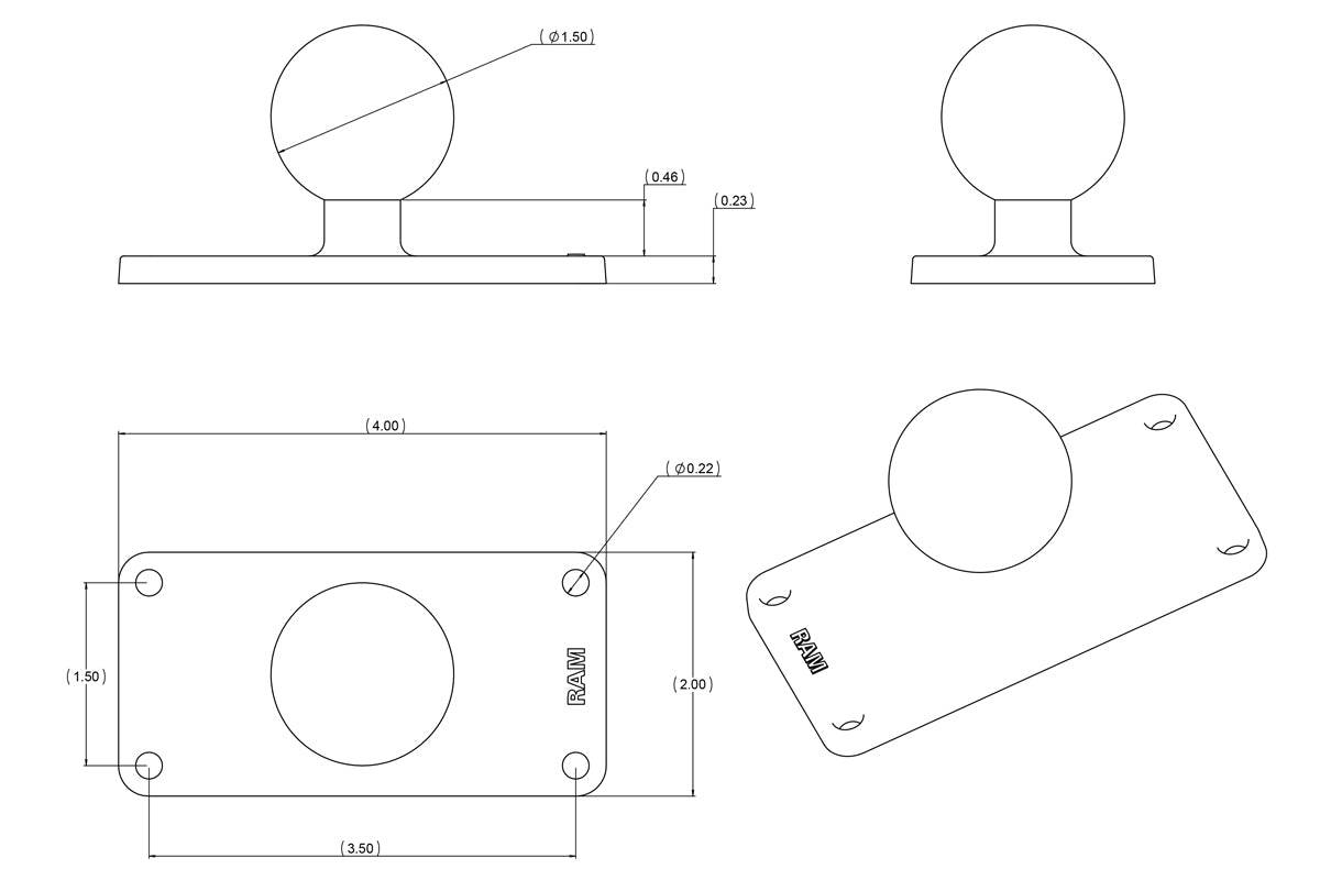 RAM C Size 1.5" Ball on Rectangular Plate with 1.5" x 3.5" 4-Hole Pattern - RAM-202U-24 - OC Mounts