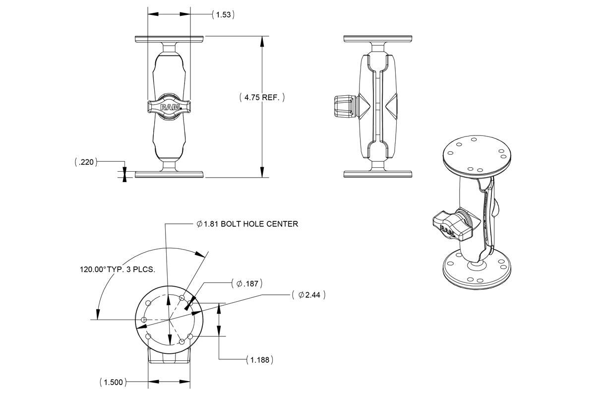 RAM 1" Ball Mount with 2/2.5" Round Bases that contain the AMPs hole pattern RAM-B-101U - OC Mounts