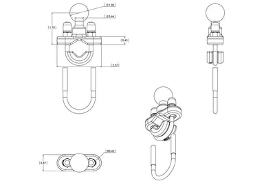 RAM Rail Base with B Size 1" Ball. Zinc Coated U-Bolt for Rails from 0.5" to 1.25" in Diameter - RAM-B-231ZU - OC Mounts