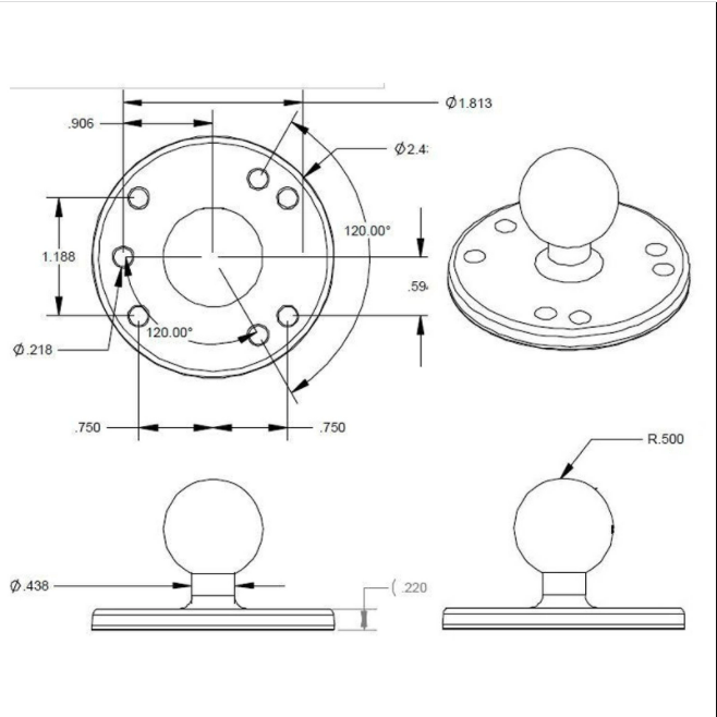 RAM 2.5" Round Plate with the AMPs Hole Pattern with B Size 1" Ball