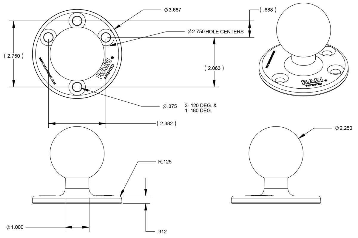 RAM 3.68" Diameter Round Plate with D Size 2.25" Ball - RAM-D-202U - OC Mounts