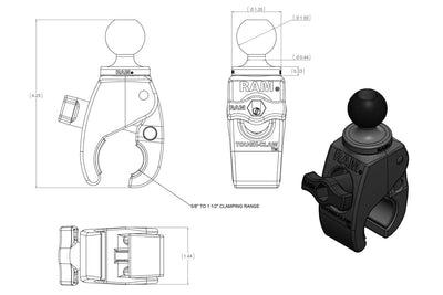 RAM Small Tough-Claw™ with B Size 1" Diameter Rubber Ball - RAP-B-400U - OC Mounts
