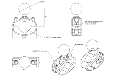 RAM 1.25" to 1.875" Rail Clamp Base with 1.5" Ball - RAM-271U-12 - OC Mounts