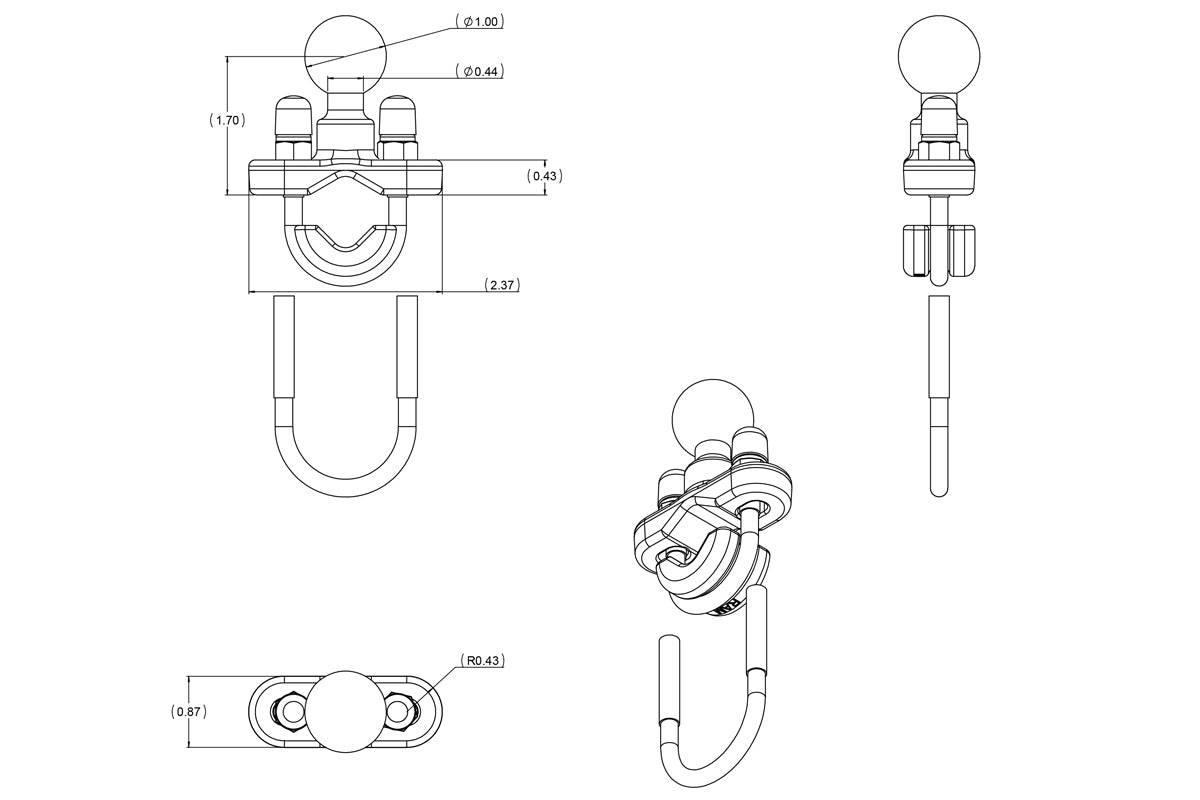 RAM Rail Base with Stainless Steel U-Bolt & 1" Ball for Rails from 0.5" to 1" in Diameter - RAM-B-231U - OC Mounts