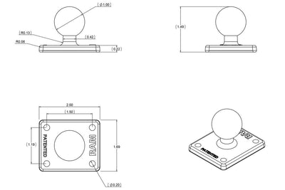 RAM 2" x 1.7" Base with 1" Ball that Contains the Universal AMPs Hole Pattern for the Garmin zumo, TomTom Rider & Urban Rider - RAM-B-347U - OC Mounts