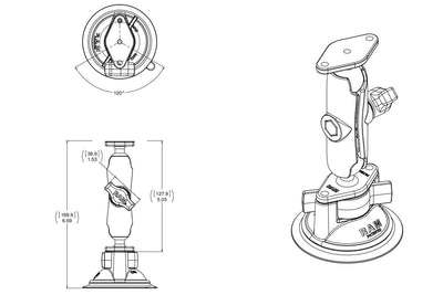 RAM Twist-Lock™ Suction Cup with Double Socket Arm and Diamond Base Adapter; Overall Length: 6.75" - RAM-B-166U - OC Mounts