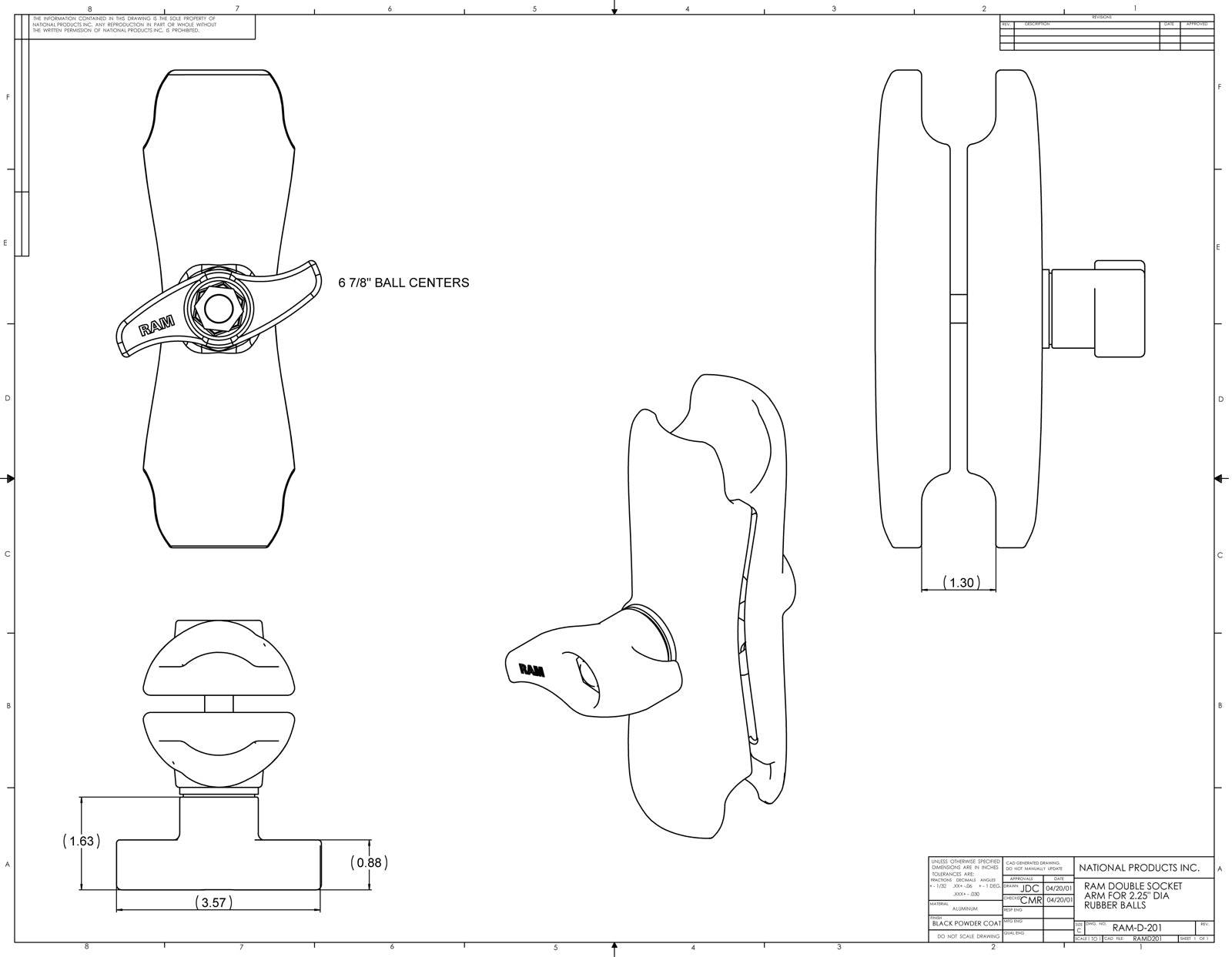 RAM Double Socket Arm with Jam Nut for D Size 2.25" Balls - RAM-D-201U-MI1 - OC Mounts