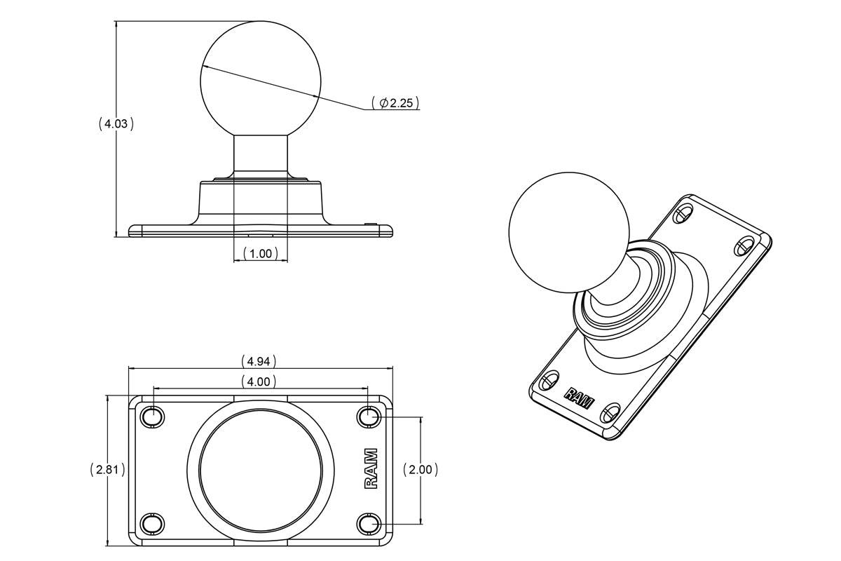 RAM 50mm x 100mm Half VESA Plate Adapter with D Size 2.25" Ball - RAM-D-243U - OC Mounts