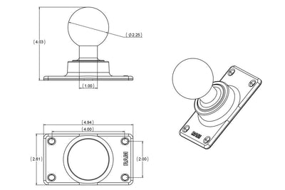 RAM 50mm x 100mm Half VESA Plate Adapter with D Size 2.25" Ball - RAM-D-243U - OC Mounts