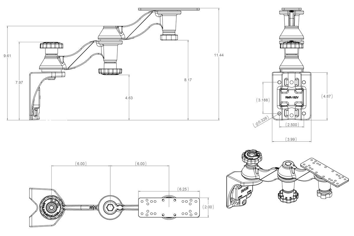 RAM Double 6" Swing Arms with 6.25" X 2" Rectangle Base and Vertical