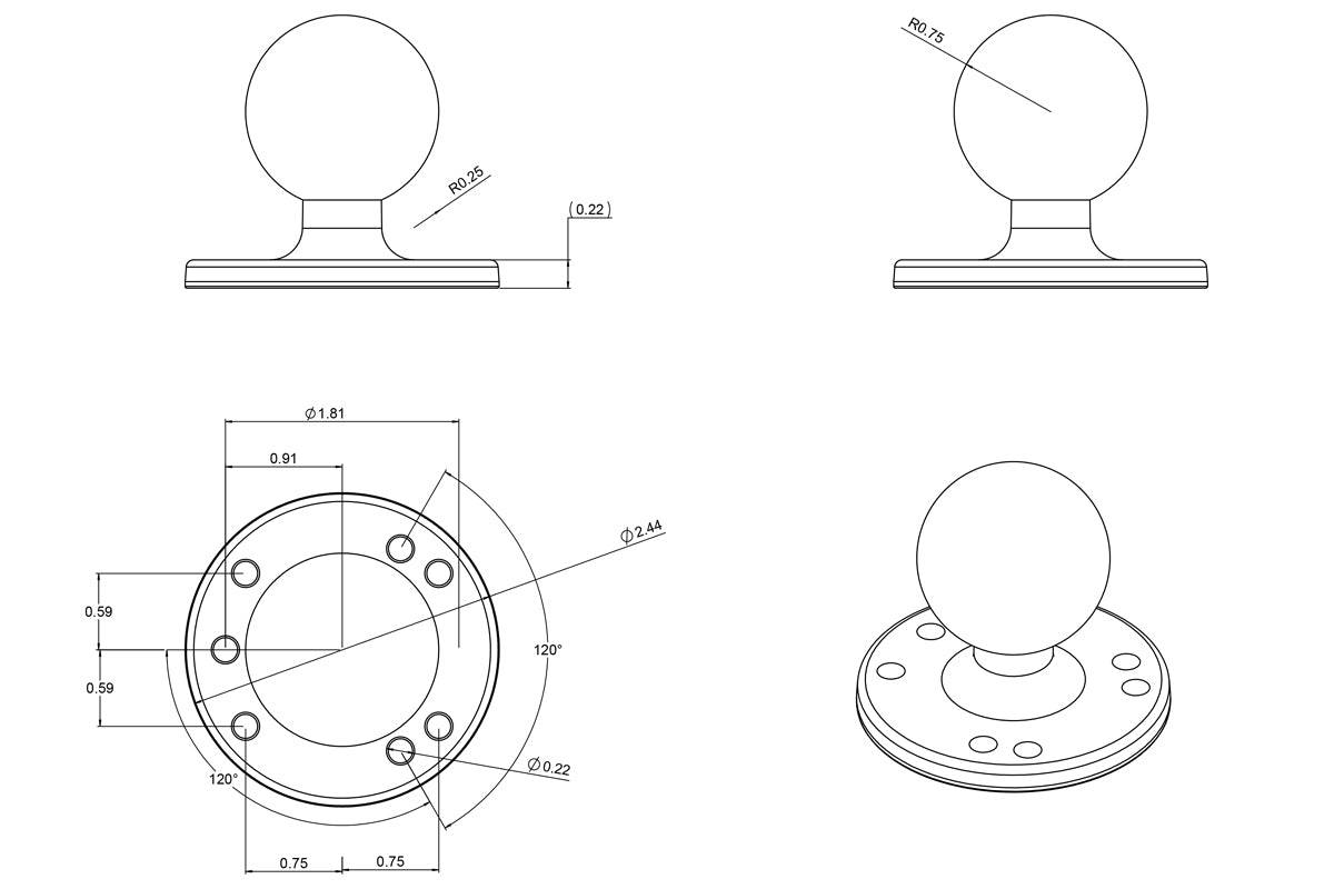 RAM 2.5" Round Plate with AMPs Hole Pattern & C Size 1.5" Ball - RAM-202U - OC Mounts