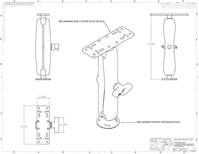 RAM 1.5" Ball Mount with 6.25" X 2" Rectangle Base, LONG LENGTH Double Socket Arm & 2.5" Round Base AMPs Hole Pattern - RAM-111U-D - OC Mounts