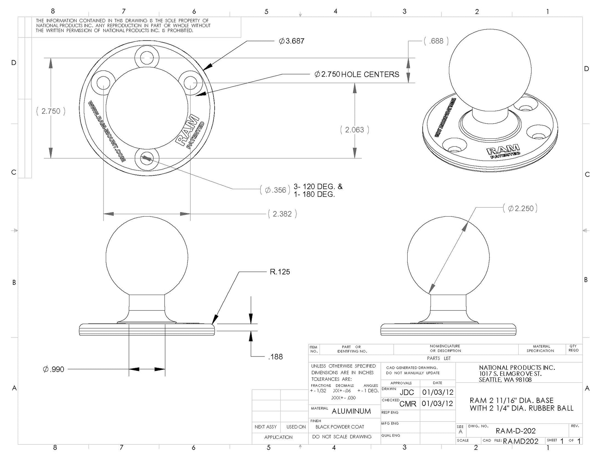 RAM 3.68" Diameter Round Plate with D Size 2.25" Ball & Steel Reinforcement - RAM-D-202U-IN1 - OC Mounts