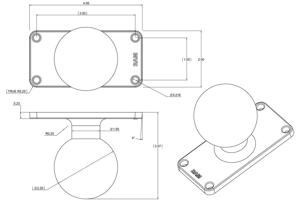 RAM D Size 2.25" Ball on Rectangular Plate with 1.5" x 3.5" 4-Hole Pattern - RAM-D-202U-24 - OC Mounts