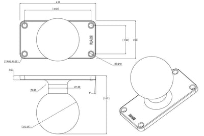 RAM D Size 2.25" Ball on Rectangular Plate with 1.5" x 3.5" 4-Hole Pattern - RAM-D-202U-24 - OC Mounts