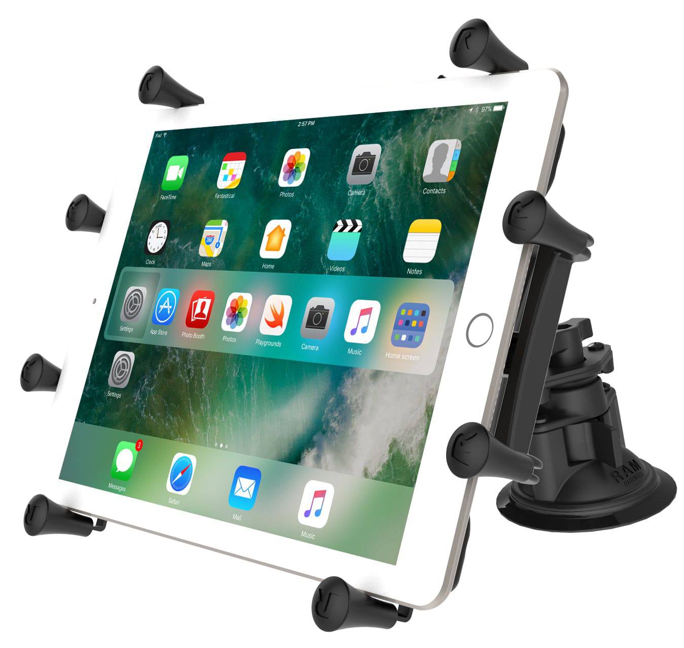 RAM Dual Articulating Suction Cup with Short Double Socket Arm and Universal RAM® X-Grip® Cradle for 10" Tablets - RAM-B-189-PIV1-A-UN9U - OC Mounts