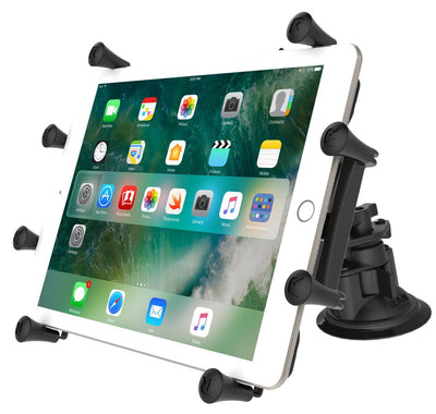 RAM Dual Articulating Suction Cup with Short Double Socket Arm and Universal RAM® X-Grip® Cradle for 10" Tablets - RAM-B-189-PIV1-A-UN9U - OC Mounts