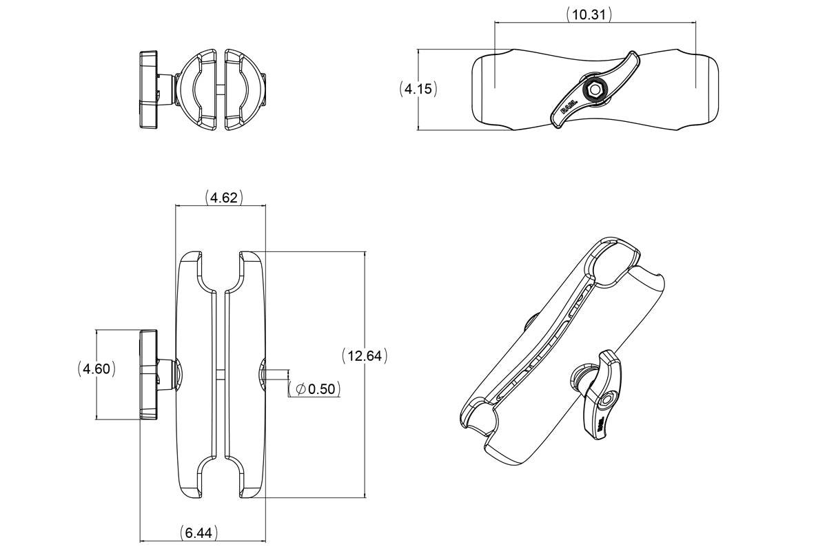 RAM Double Socket Arm for 3.38" Balls - RAM-E-201U - OC Mounts