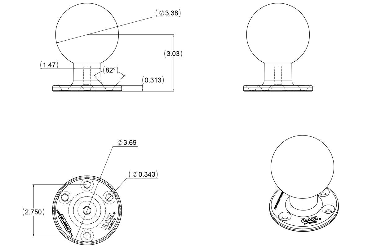 RAM 3.68" Diameter Round Base with 3.38" Ball - RAM-E-202U - OC Mounts
