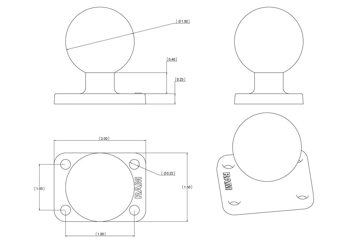 RAM C Size 1.5" Ball on Rectangular Plate with 1" x 1.5" 4-Hole Pattern - RAM-202U-152 - OC Mounts