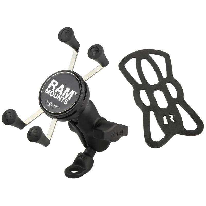 RAM 9mm Angled Base Motorcycle Mount with Short Double Socket Arm & Universal RAM® X-Grip® Cell/iPhone Cradle - RAM-B-272-A-UN7 - OC Mounts