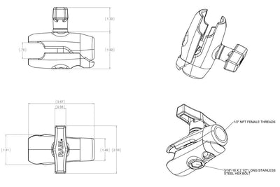 RAM Single Socket Arm with 1/2" NPT Female Hole for C Size 1.5" Balls - RAM-200-1U - OC Mounts