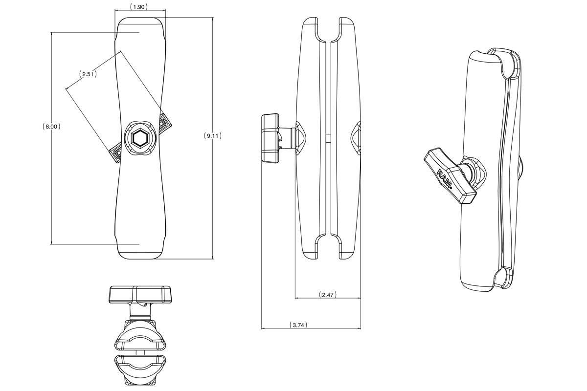 RAM Long Length Double Socket Arm for C Size 1.5" Balls - RAM-201-D - OC Mounts