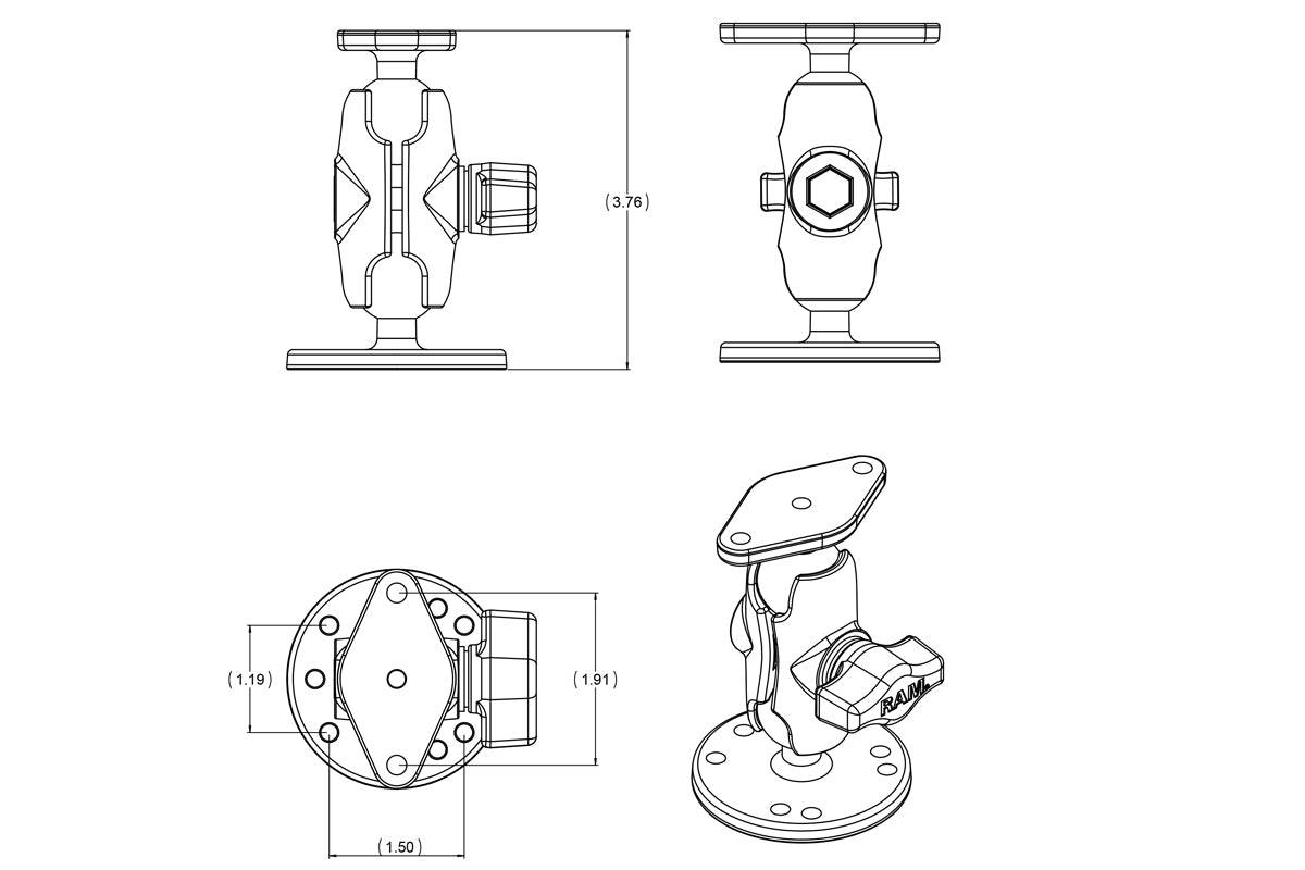 RAM 1" Ball Mount with Short Double Socket Arm, 2.5" Round Base & Diamond Base - RAM-B-138-A - OC Mounts