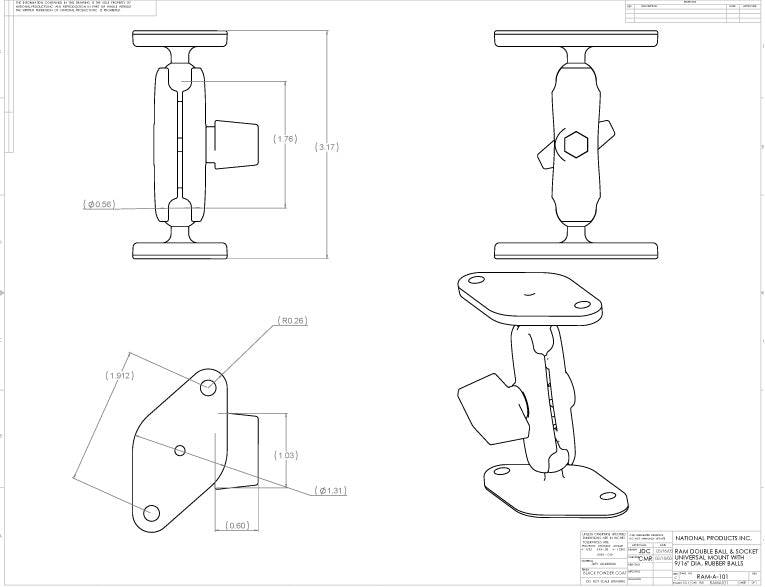 RAM 0.56" Diameter Ball Mount with Medium Length Double Socket Arm and 2 qty Diamond Bases that contain the AMPs hole pattern - RAM-A-101U - OC Mounts