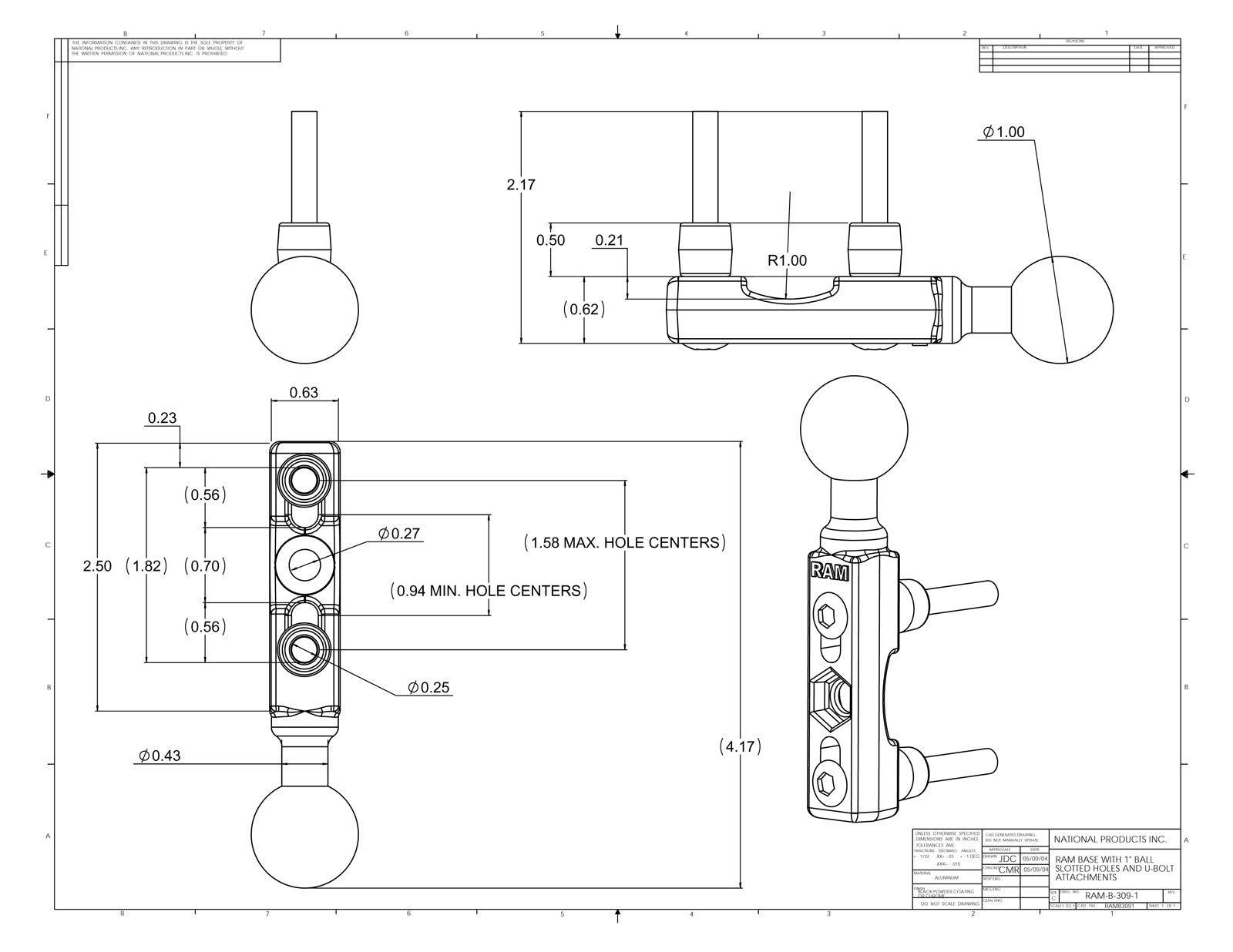 RAM Chrome Motorcycle Brake/Clutch Reservoir Base with 1" Ball - RAM-B-309-1CHU - OC Mounts