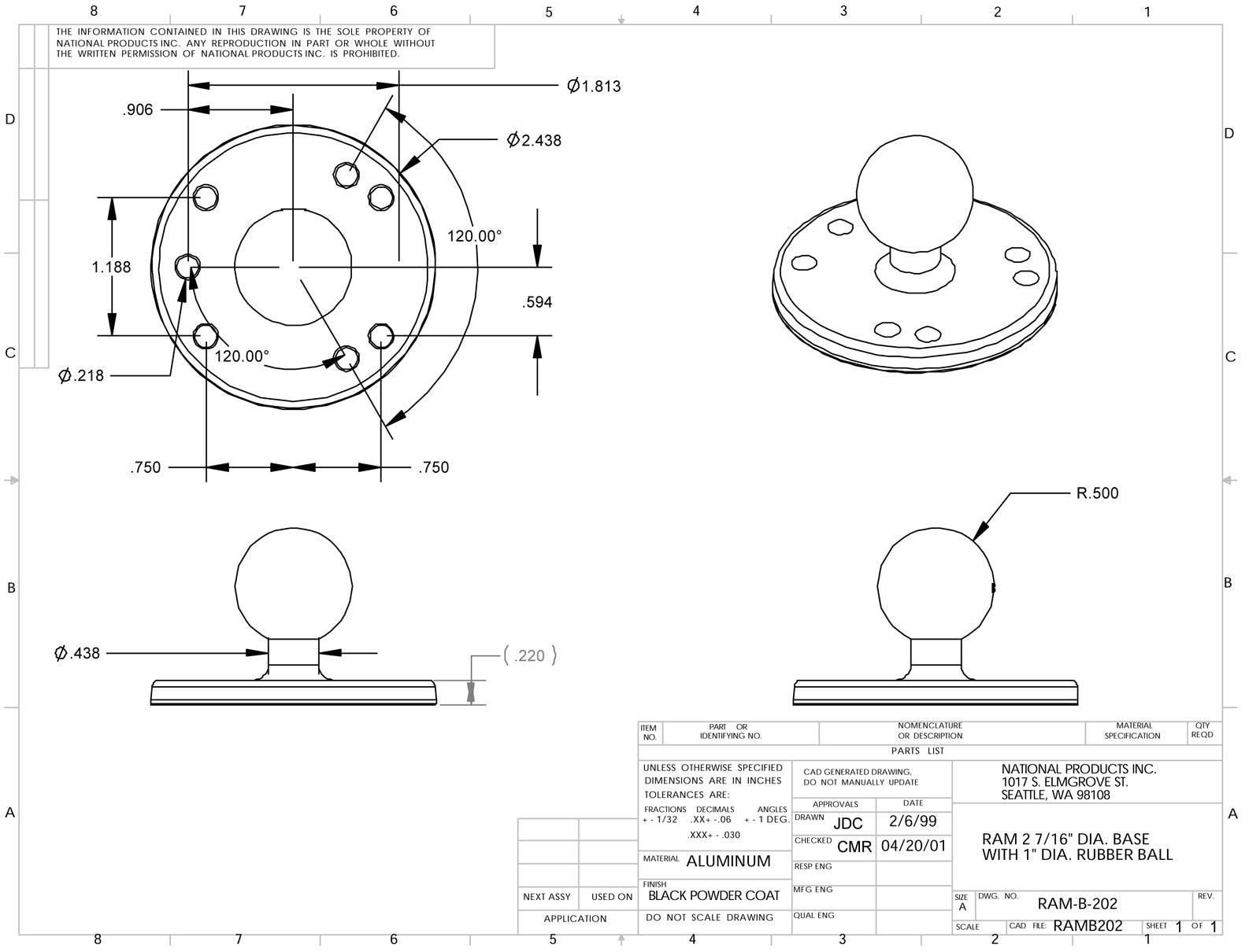 RAM Chrome 2.5" Round Base with the AMPs Hole Pattern & 1" Ball - RAM-B-202CHU - OC Mounts