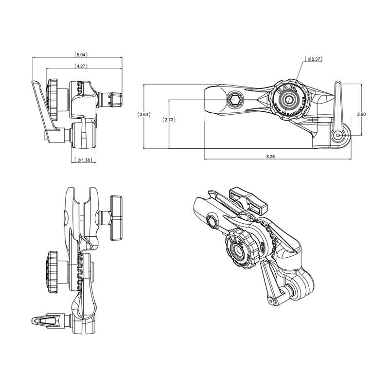 RAM® Ratchet & Swing Arm with 1/2" NPT Hole and Single Socket Arm - RAM-261-ADJU - OC Mounts