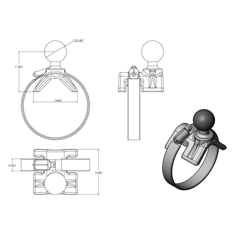 RAM® Double Ball Strap Hose Clamp Mount with Diamond Plate - RAM-B-108-C-238 - OC Mounts