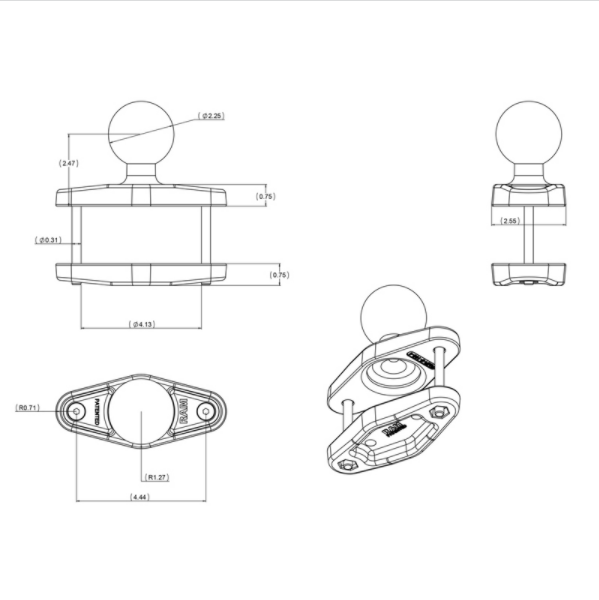 RAM® Steel Reinforced Square Clamp Base for Posts up to 4" Wide - RAM-D-247U-4-IN1 - OC Mounts