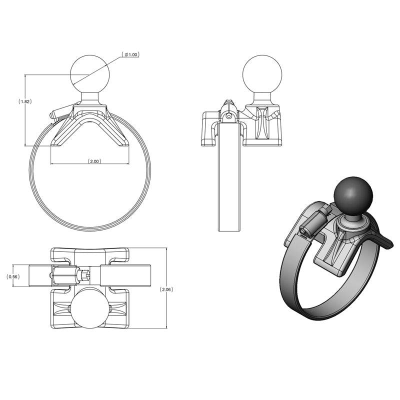 RAM® Double Ball Large Strap Hose Clamp Mount with Diamond Plate - RAM-B-108-C-STRAP40-238 - OC Mounts